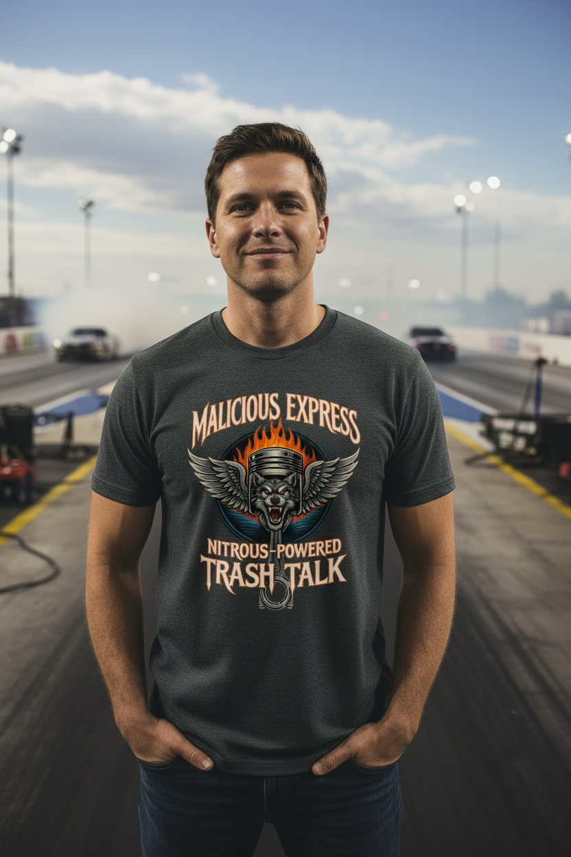 Man wearing a t-shirt with graphic design and 'Malicious Express Nitrous-Powered Trash Talk' text on a race track background