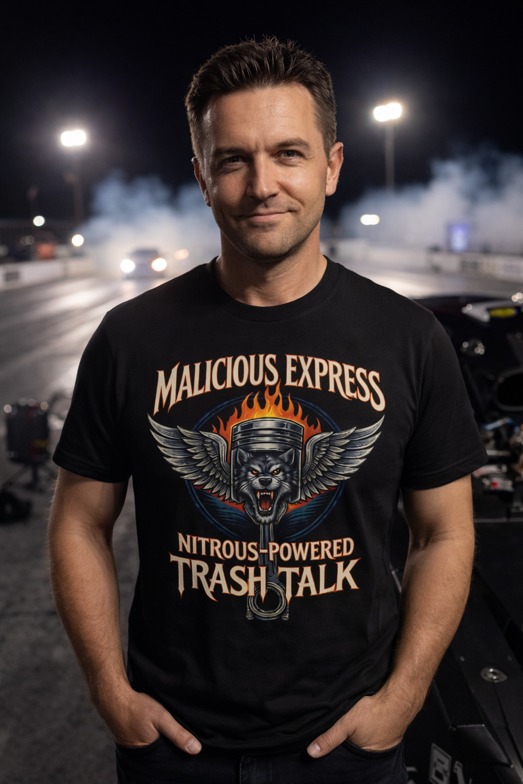 Man wearing a black t-shirt with a graphic design of a wolf and piston with 'Malicious Express Nitrous-Powered Trash Talk' text standing on a drag strip at night