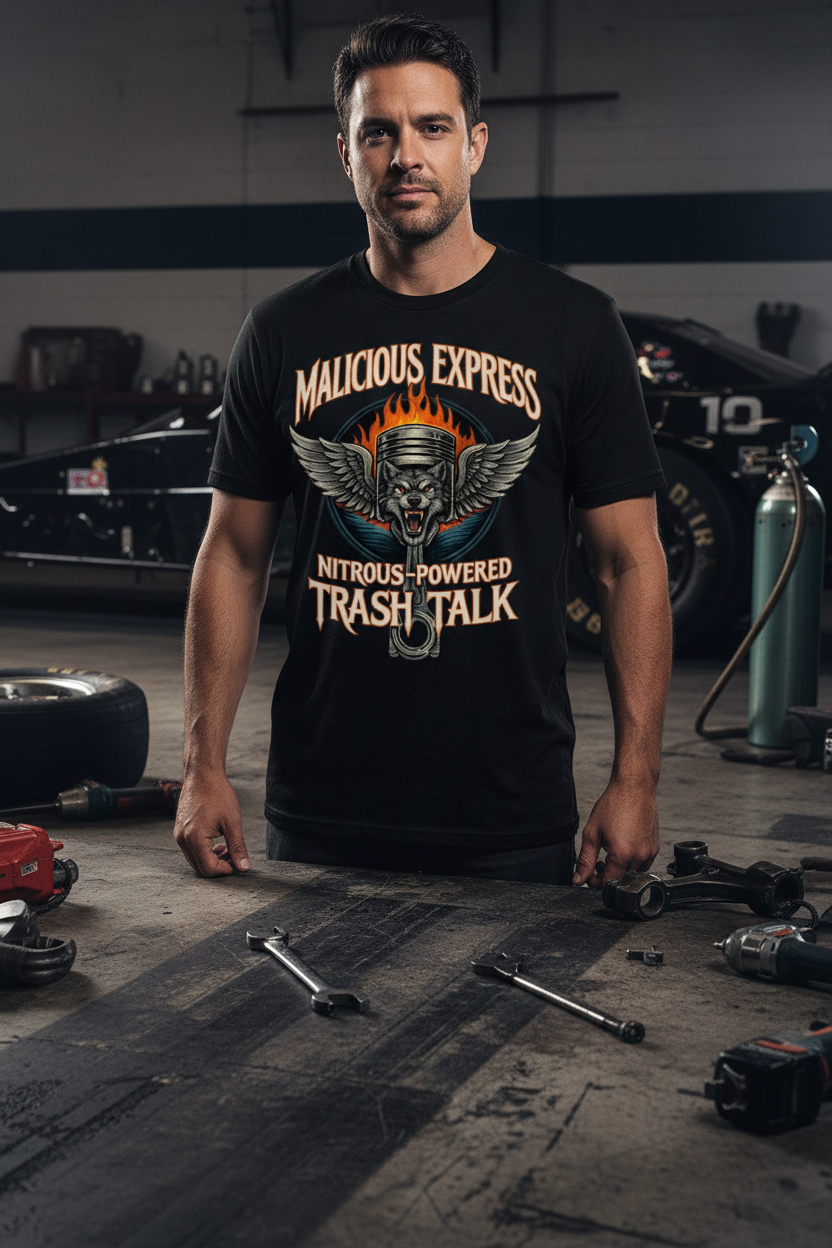 Man wearing a black t-shirt with graphic  design and 'Malicious Express Nitrous-Powered Trash Talk' in a garage setting