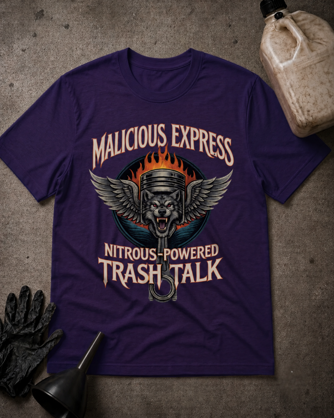 Malicious Express Wolf Piston Tee in Team Purple, flat lay with an unbranded prop bottle.