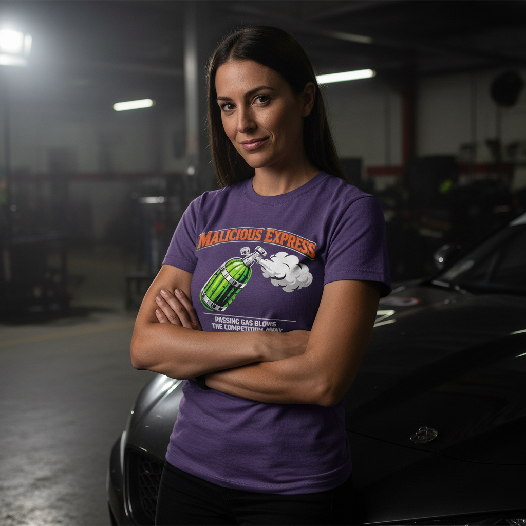 Malicious Express Team Purple lifestyle of a woman standing in a garage against a car