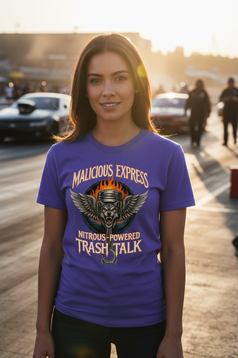 Woman wearing a purple t-shirt with graphic design and 'Malicious Express Nitrous-Powered Trash Talk' text, standing on a racetrack.