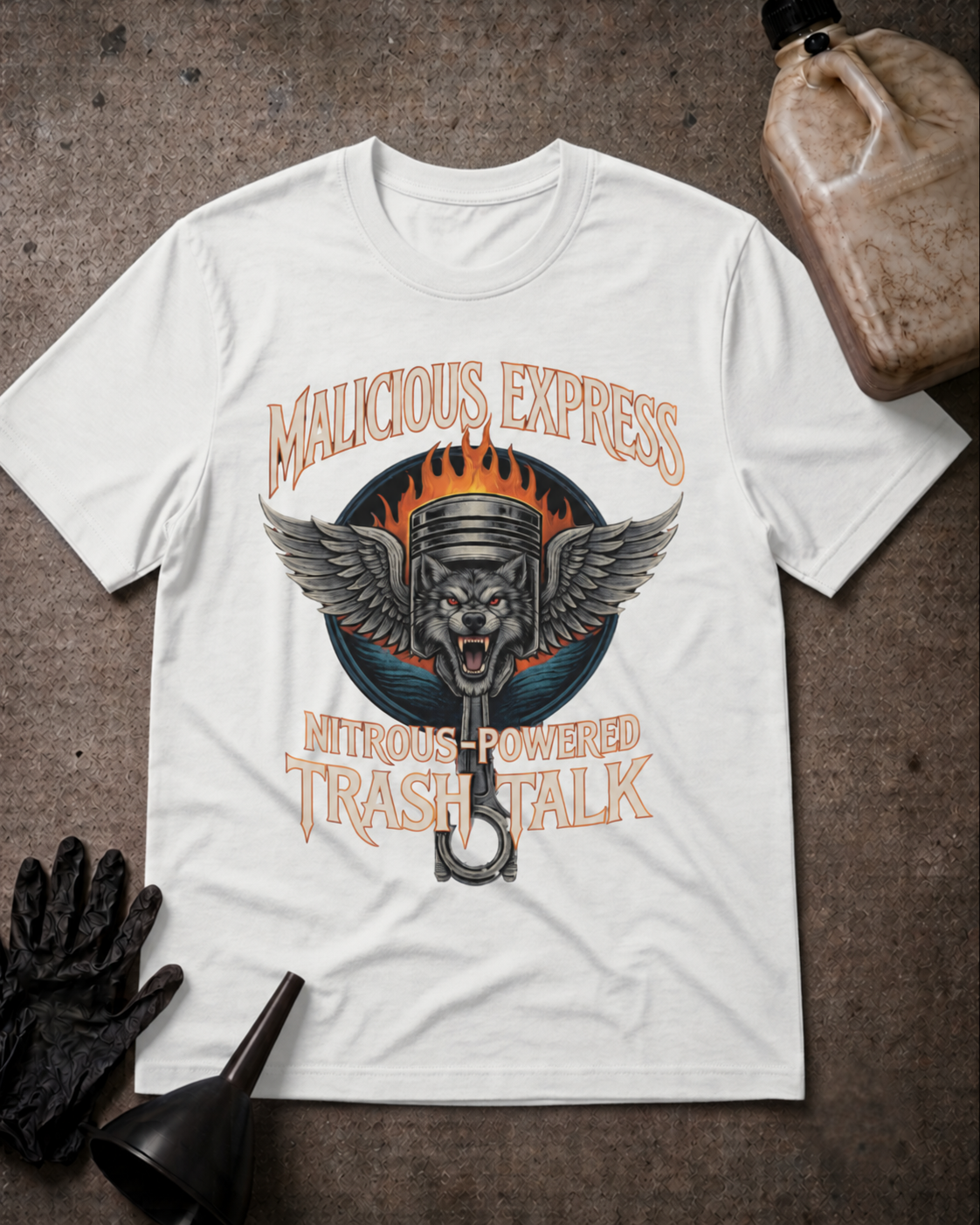 Malicious Express Wolf Piston Tee in White, flat lay with an unbranded prop bottle.