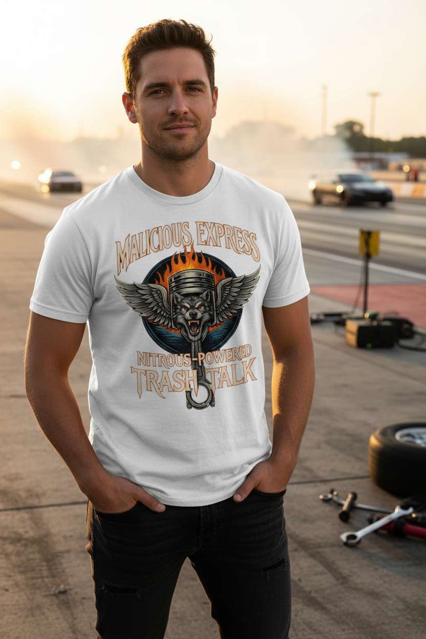 Man wearing a white t-shirt with graphic design and 'Malicious Express Nitrous-Powered Trash Talk' on a race track background