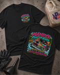 Two black graphic T-shirts laid flat on a textured gray surface, with a large colorful 'Mandys Pontoon Boats' boat illustration on the back and a smaller matching chest graphic on the front. Black gloves and a fuel jug are placed around them as styling props.