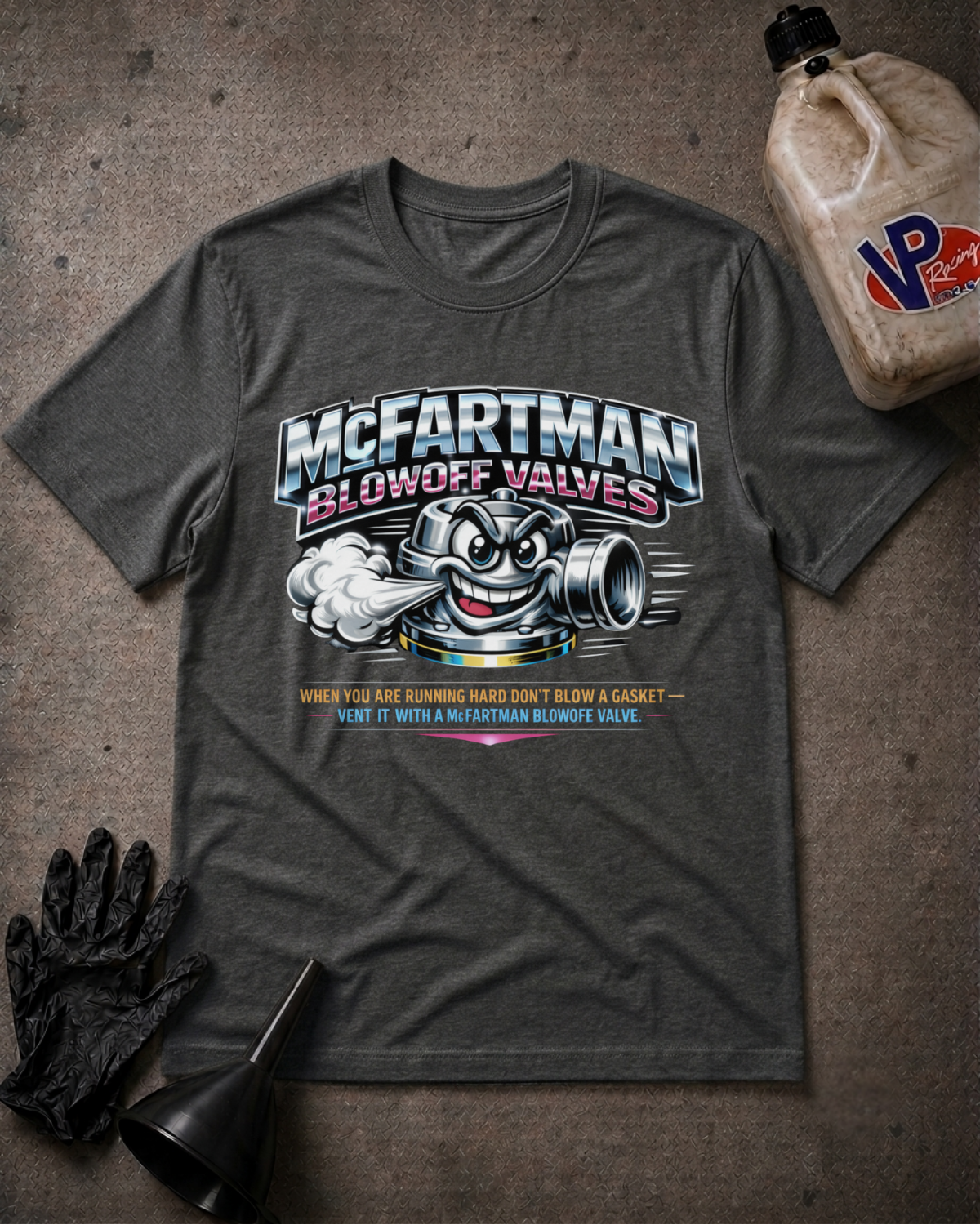 A dark heather gray graphic t-shirt featuring a cartoon exhaust valve and the text 'McFartman Blowoff Valves' with a humorous slogan below, styled flat-lay on a textured gray surface with a black glove, funnel, and a VP Fast & Furious branded bottle.