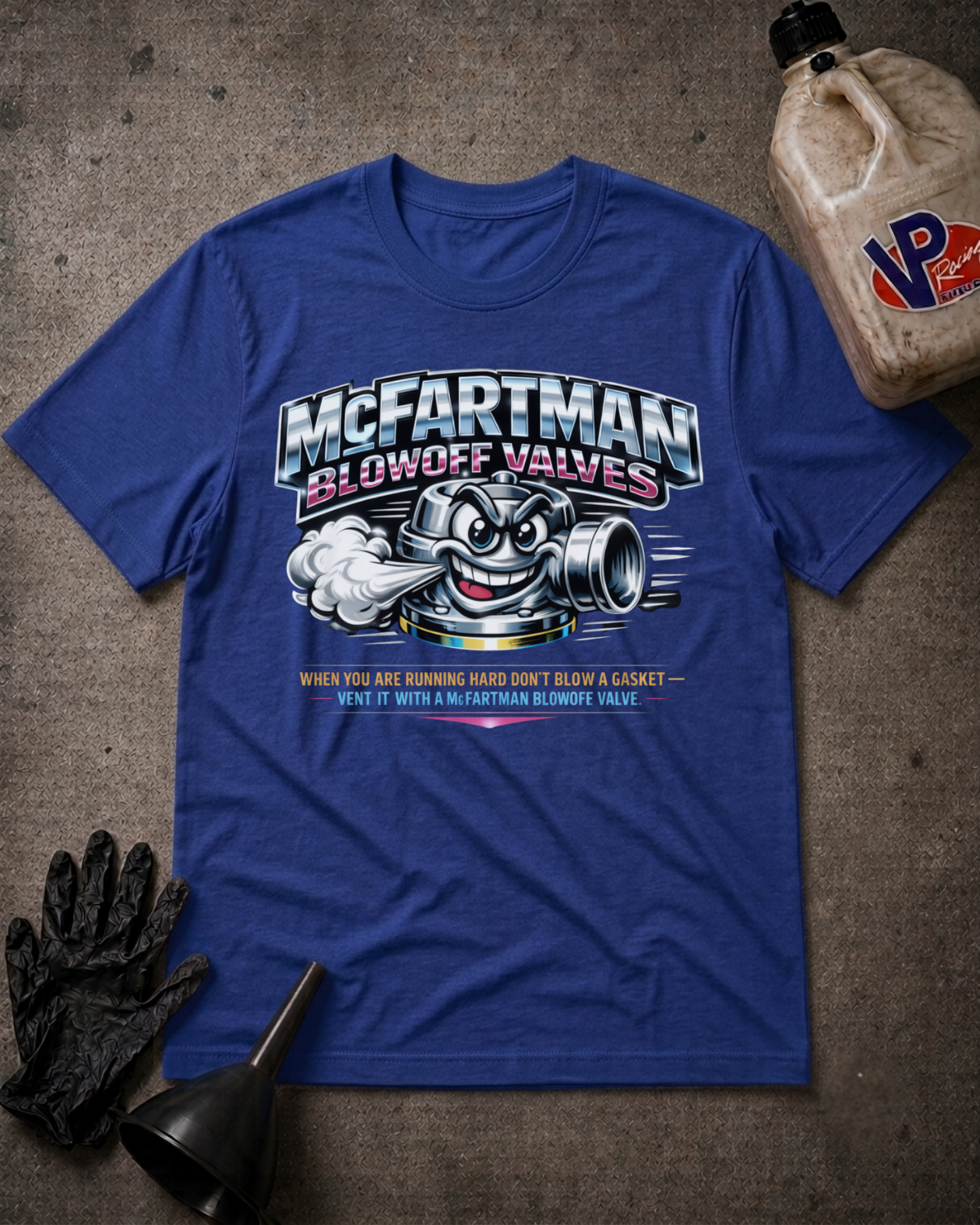 A royal blue graphic t-shirt featuring a cartoon muffler with smoke and the text 'McFARTMAN BLOWOFF VALVES' and a humorous slogan, styled in a flat-lay with black gloves, a funnel, and a bottle of VP Performance fluid on a textured gray background.