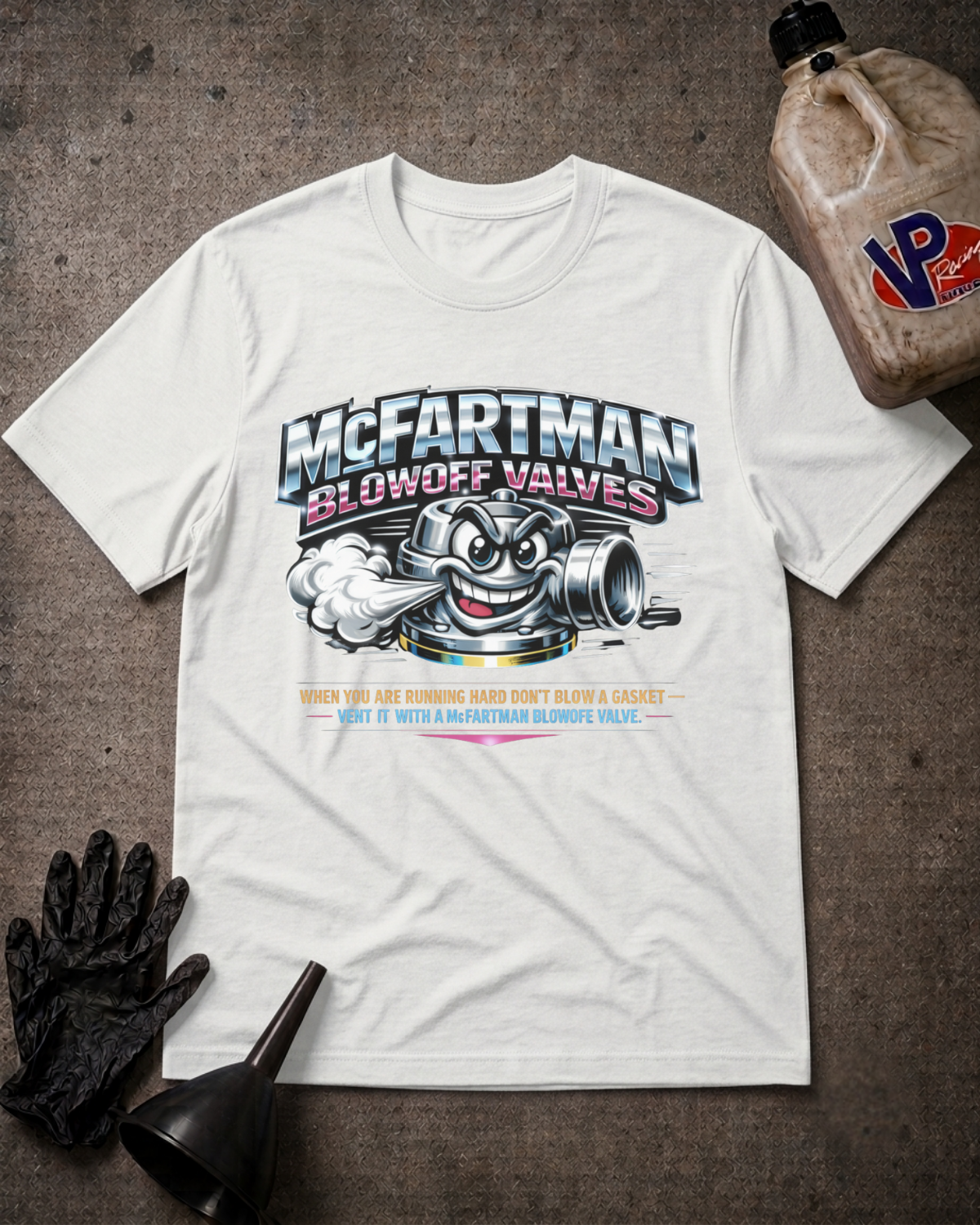 A white graphic t-shirt featuring a cartoon engine mascot and the text 'McFartman Blowff Valves' laid flat on a dark textured surface with black gloves, a funnel, and a VP fuel bottle as props.