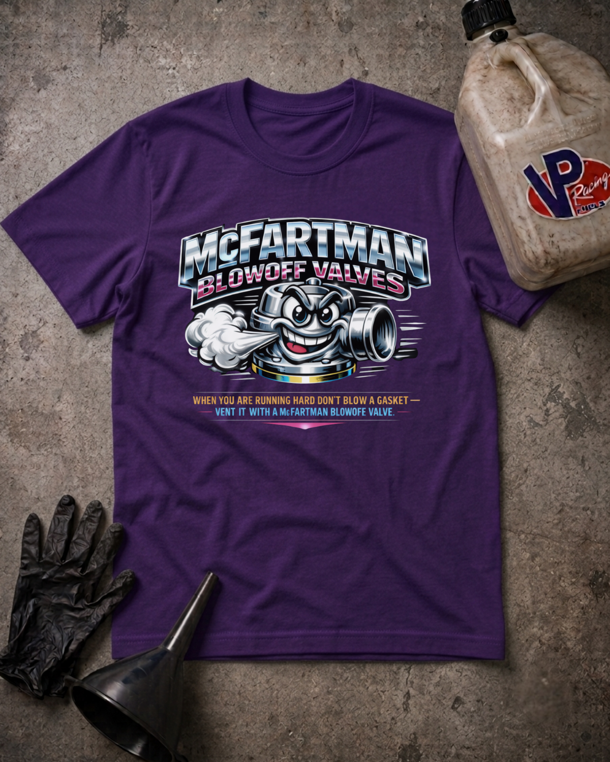 A team purple graphic t-shirt featuring a cartoon muffler with smoke and the text 'McFARTMAN BLOWOFF VALVES' and a humorous slogan, styled in a flat-lay with black gloves, a funnel, and a bottle of VP Performance fluid on a textured gray background.