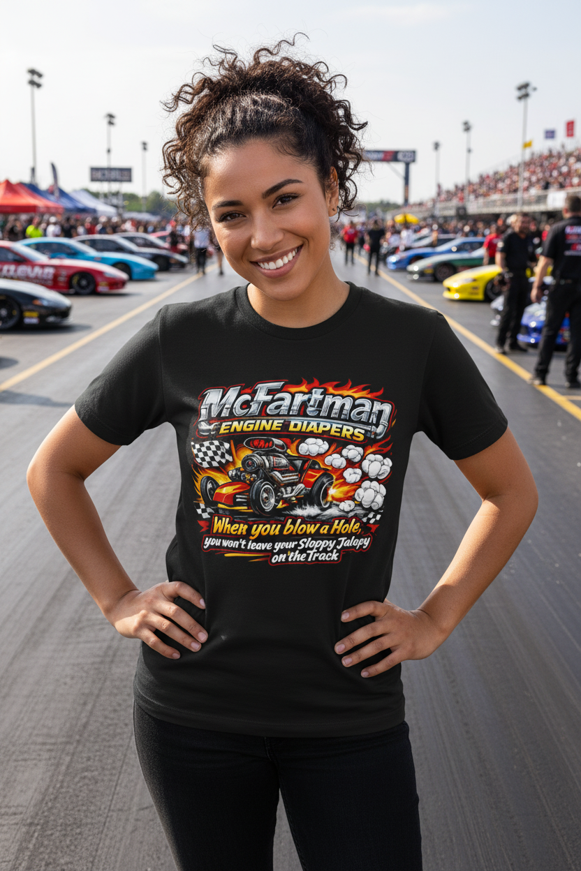 McFartman Engine Diapers Black T-Shirt Female Model Lifestyle Mockup