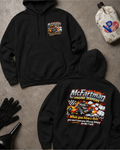 Black hoodie with a racing-themed design and 'McFartman Engine Diapers When You Blow a Hole You Won't Leave Your Sloppy Jalopy On The Track' text