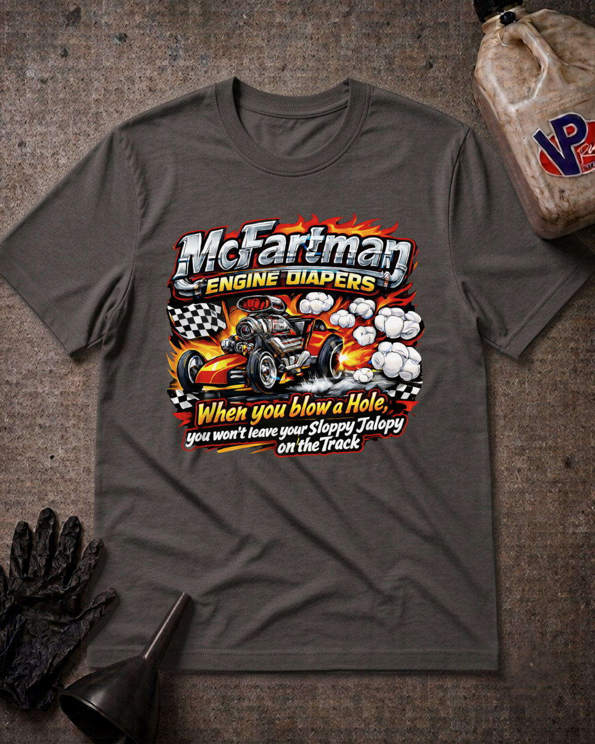 A dark gray graphic t-shirt featuring a hot rod race car and flames with the text 'McFartman Engine Diapers' and a humorous slogan, styled in a flat lay with a jerrycan, gloves, and funnel on a textured gray background.