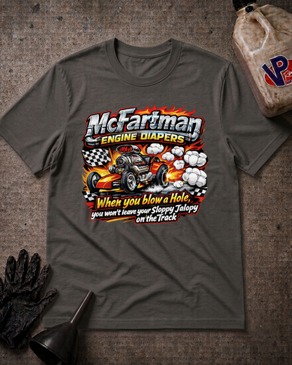 A dark gray graphic t-shirt featuring a hot rod race car and flames with the text 'McFartman Engine Diapers' and a humorous slogan, styled in a flat lay with a jerrycan, gloves, and funnel on a textured gray background.