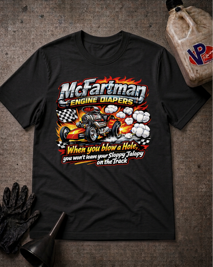 A black graphic t-shirt featuring a hot rod car and flames with the text 'McFartman Engine Diapers' and 'When you blow a Hole you won't leave your Sloppy Jalopy on the Track'. The shirt is displayed flat on a textured gray background with racing gloves, a funnel, and a bottle of VP Racing Oil.