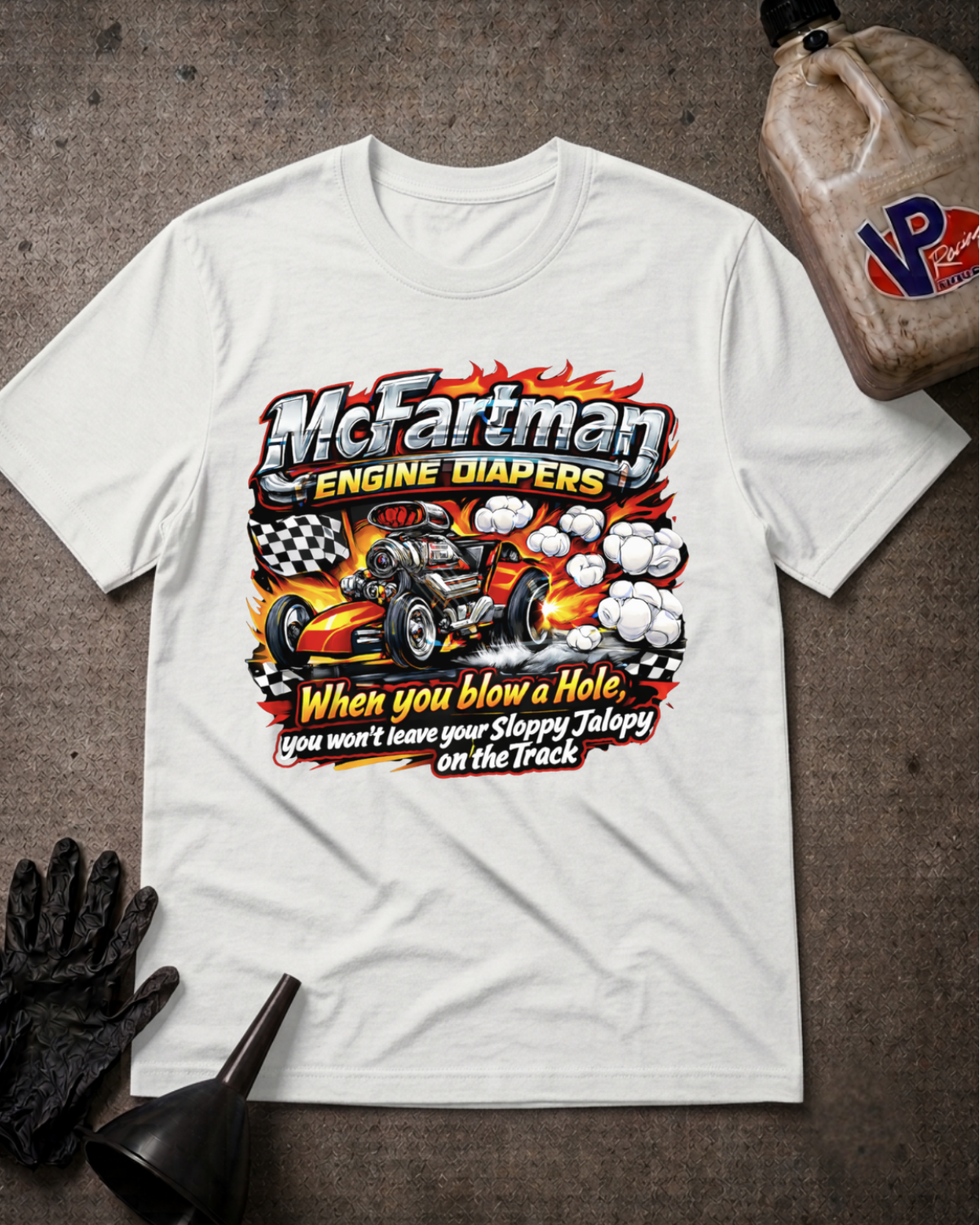 A white graphic t-shirt laid flat on a dark textured surface, surrounded by racing-themed props including a black glove, funnel, and a fuel jug. The shirt features a large graphic with the text 'McFartman Engine Diapers' and a hot rod race car illustration.