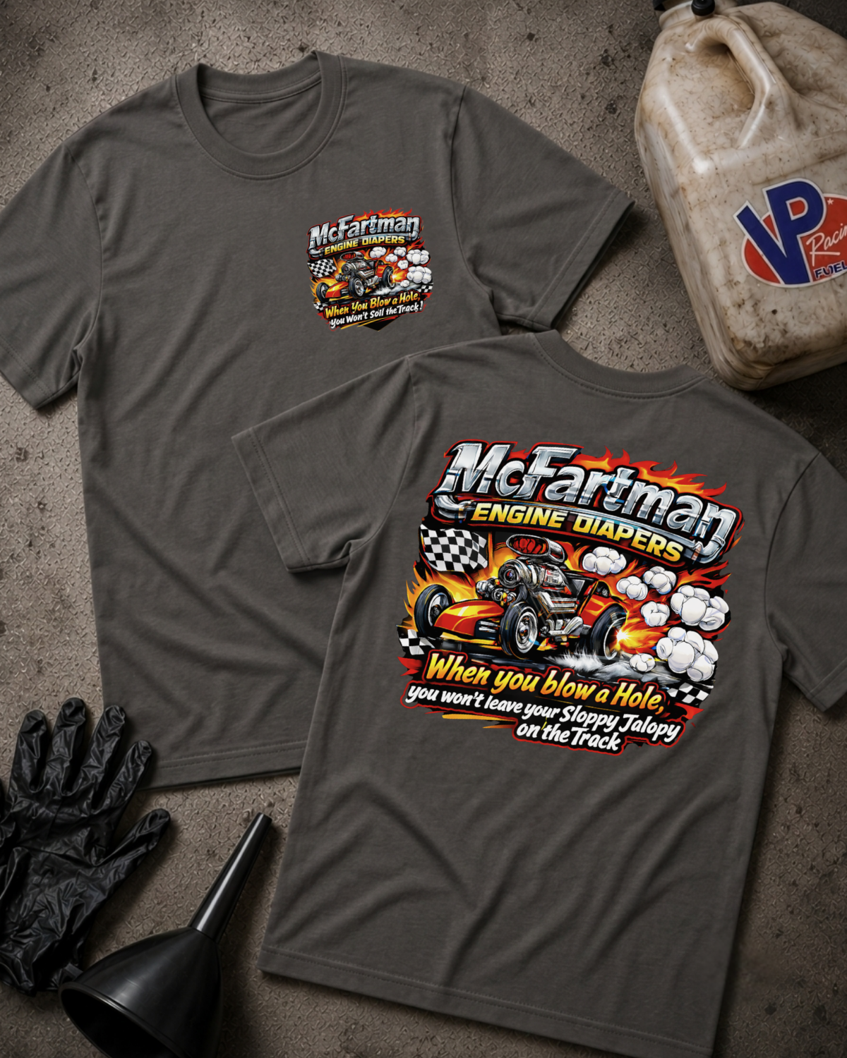 Two dark gray graphic t-shirts displayed flat on a concrete-like surface, showing both the front and back designs. The shirts feature a hot rod race graphic with the text 'McFarman Engine Builders' and 'When you blow a hole you won't leave your Sloppy jalopy on the track.