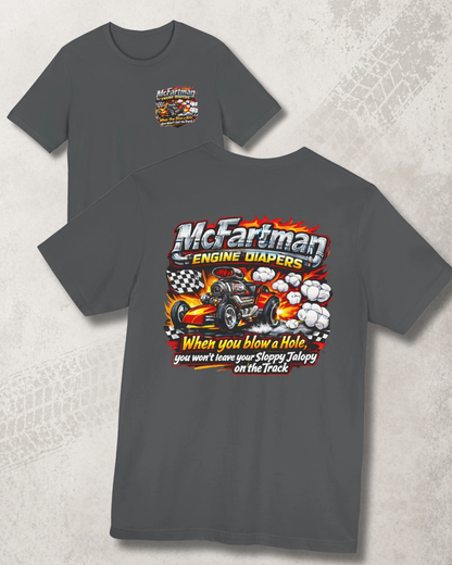 Asphalt t-shirt with a colorful graphic design and 'McFartman Engine Diapers When you blow a hole, you won't leave your Sloppy Jalopy on the track' text, front and back shown