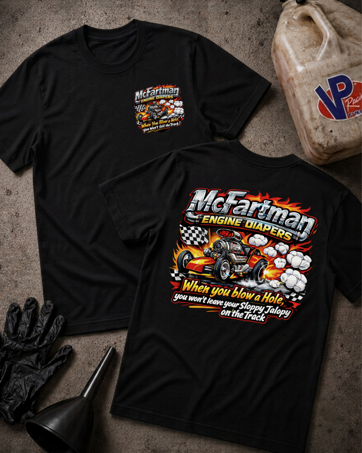 Two black short-sleeve t-shirts shown flat on a textured gray surface, displaying the front and back of a custom 'McFariman Engine Radiators' graphic. The graphic features a hot rod race car, flames, smoke, and the text 'When you blow a Hole you won't leave your Sloppy Jalopy on the Track.