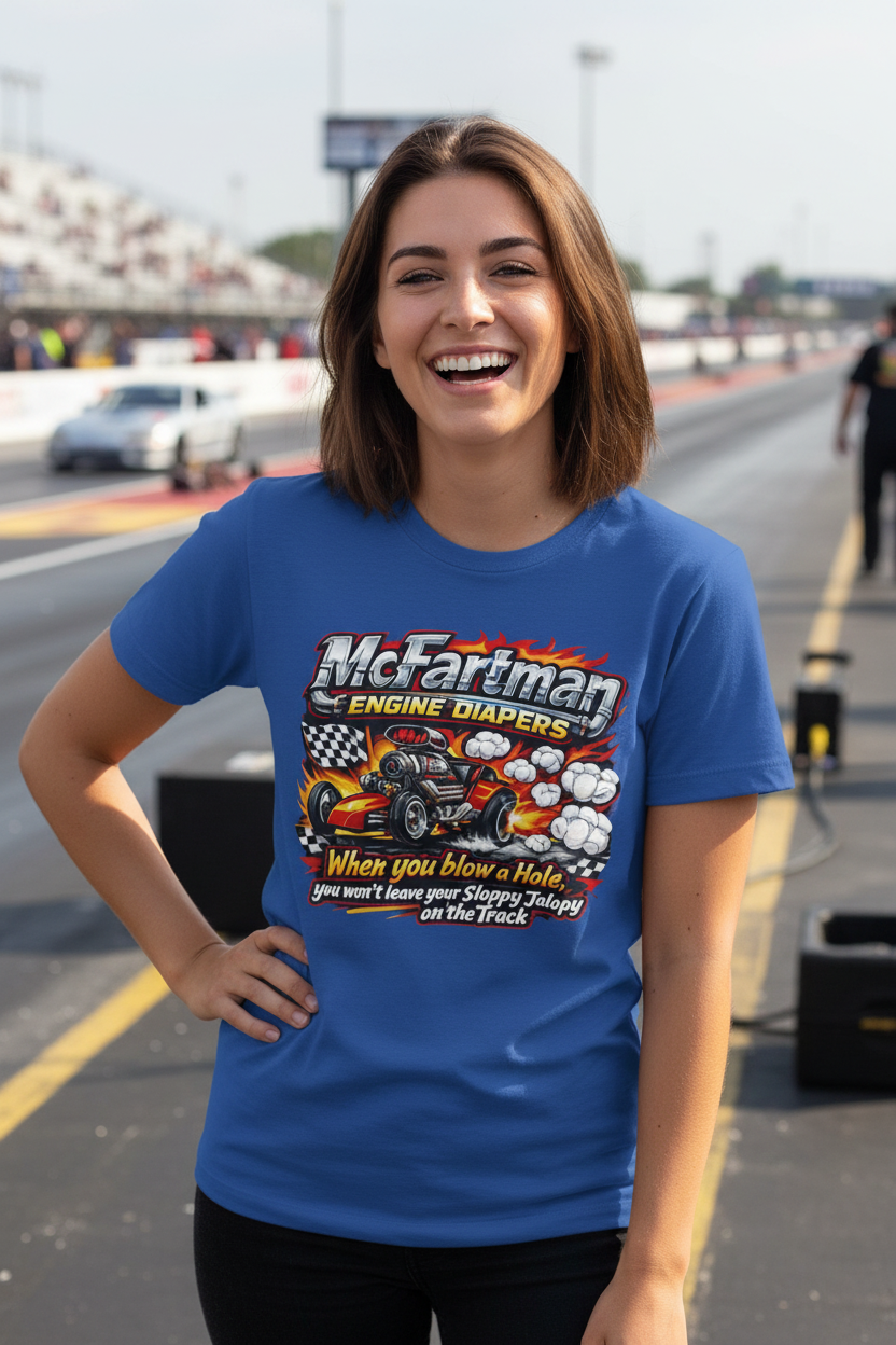 McFartman Engine Diapers T-Shirt Female Model Lifestyle Mockup