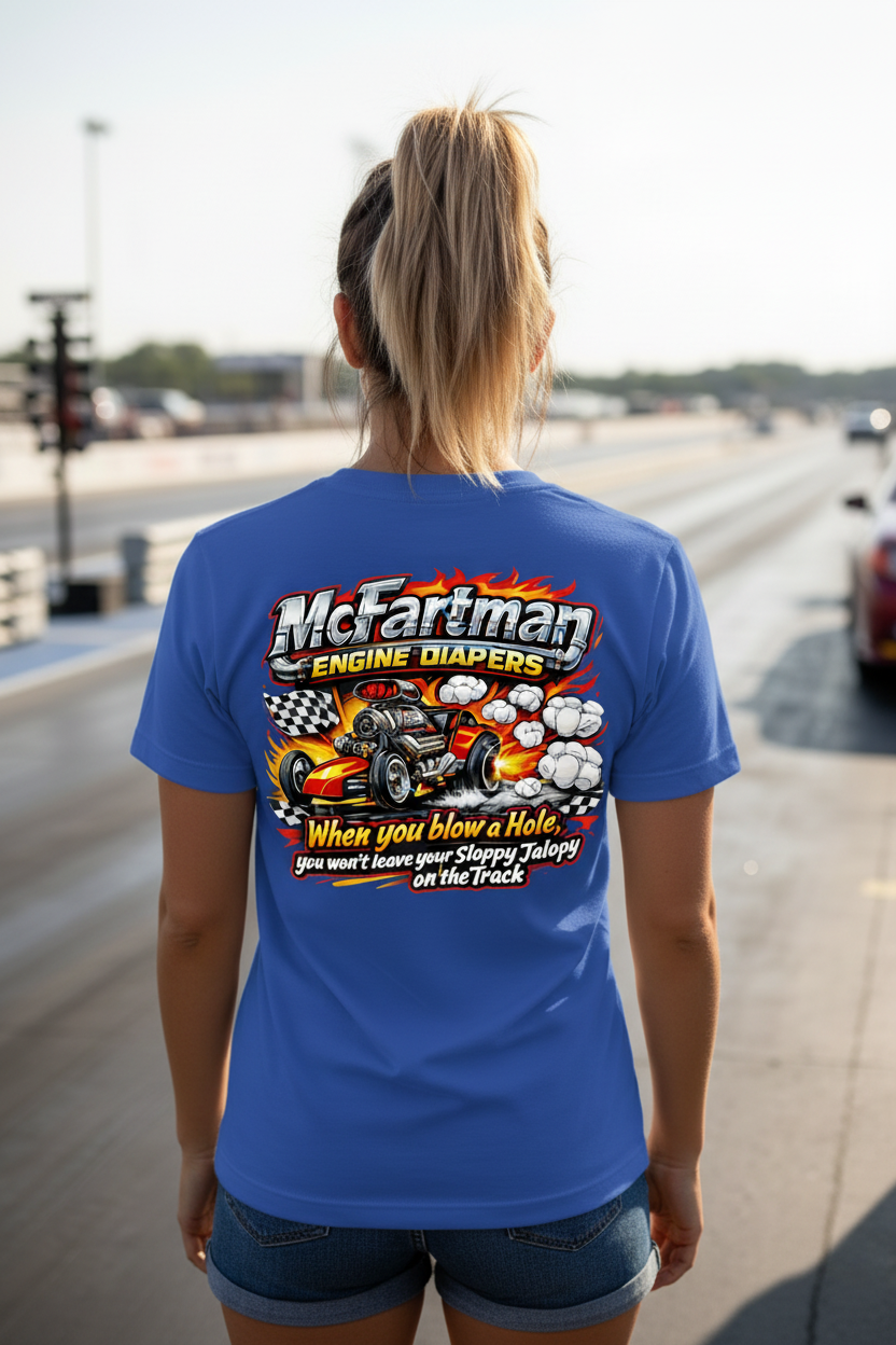 'McFartman Engine Diapers When you blow a Hole, you won't leave your Sloppy Jalopy on the Track' t True Royal Bella+Canvas t-shirt Back Design Female Model on race track
