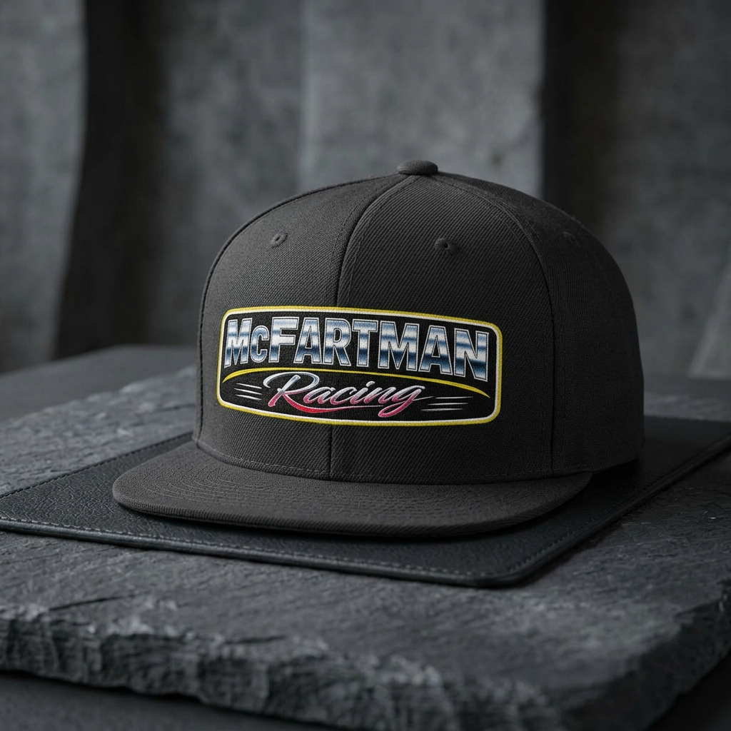 McFartman Racing flat bill snapback hat in black – funny drag racing hat for car guys and pit crew