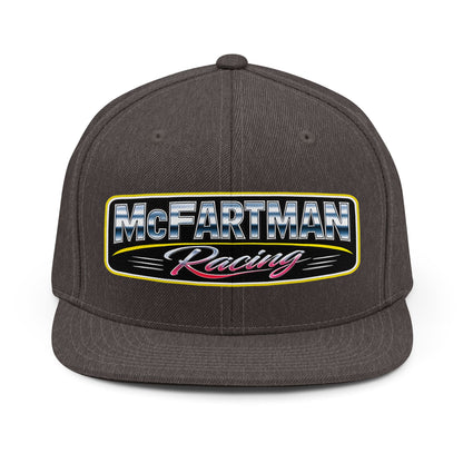 McFartman Racing flat bill snapback hat in dark heather – motorsports humor hat for drag racing fans