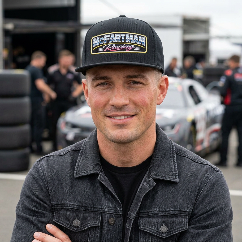 Man wearing a black McFartman Racing flat bill snapback hat at a drag strip during golden hour, smiling with the bold front logo clearly visible, staging lanes blurred in the background