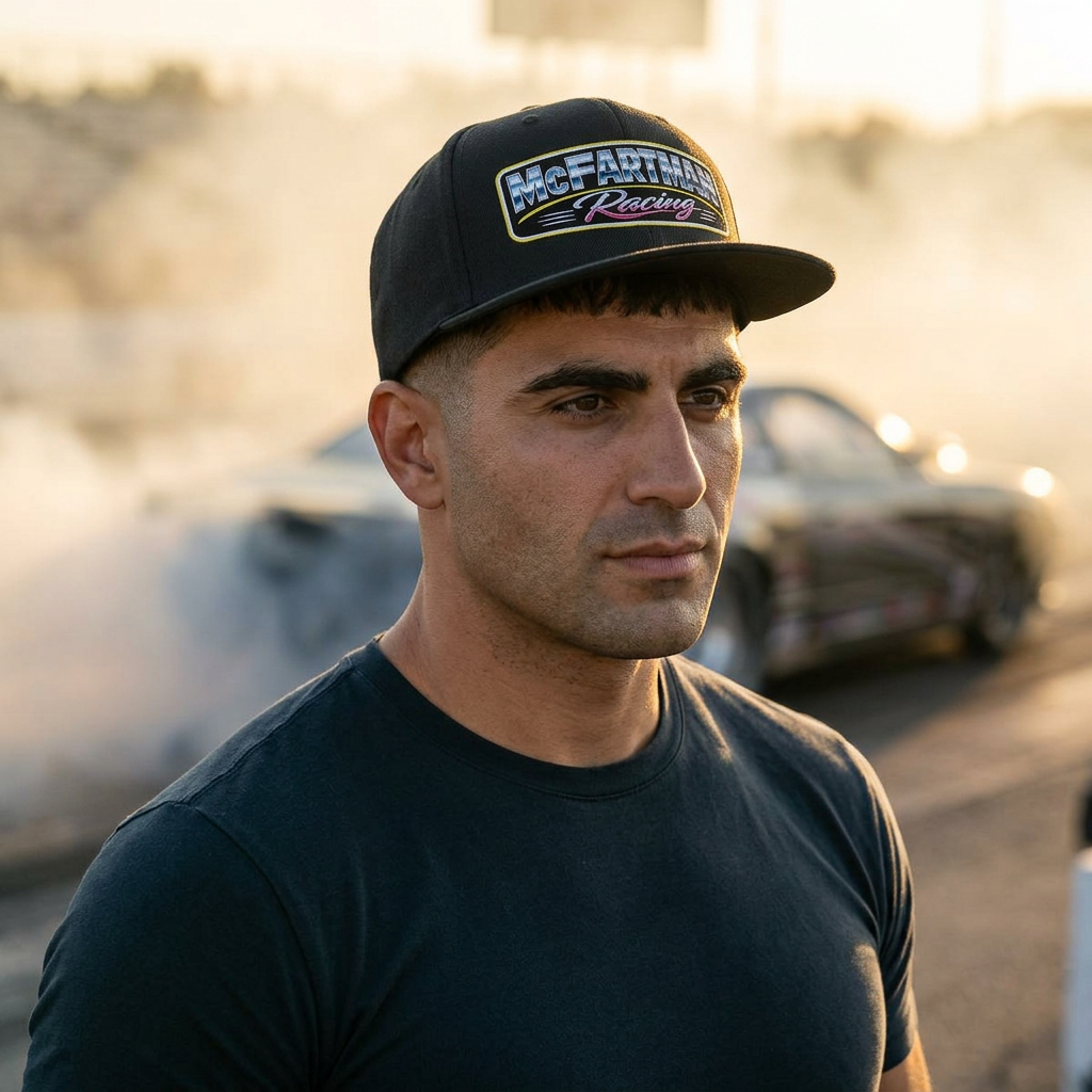 Man wearing a black McFartman Racing snapback hat near the burnout box at a drag strip, tire smoke drifting behind with a drag car in motion, golden hour lighting and gritty race day atmosphere