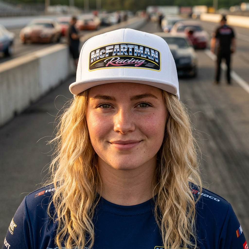 Woman wearing a white McFartman Racing flat bill hat at a drag strip during golden hour, smiling with the logo clearly visible, standing near staging lanes with track and cars softly blurred behind