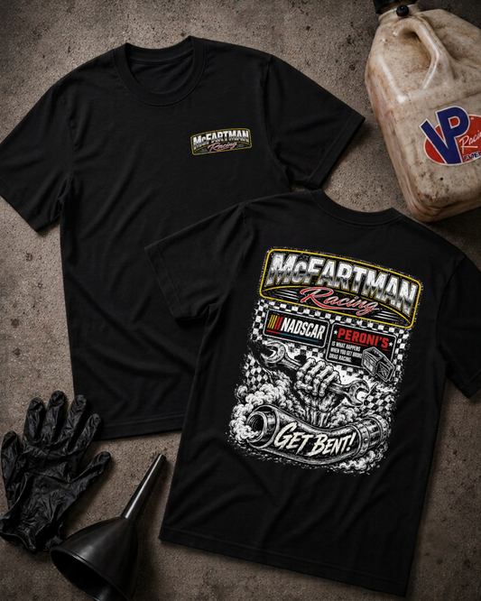 Two black short-sleeve t-shirts laid flat on a textured gray surface, with racing-themed graphics. The front shirt has a small chest logo reading McEartman Racing, and the back shirt has a large graphic with 'McEartman Racing,' 'NADSCAR,' 'Get Bent!,' and a checkered pattern.
