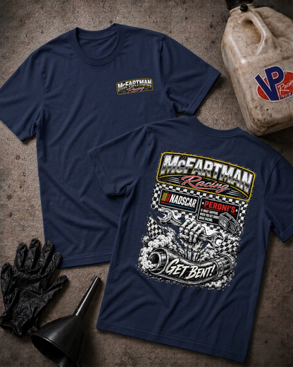 Two navy blue t-shirts displayed on a textured gray surface, with one showing the front chest logo and the other showing the large back graphic. The shirts are styled with black mechanic gloves, a black funnel, and a plastic fuel jug with a VP Racing logo.