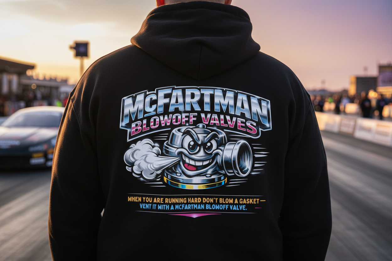 Person wearing a black hoodie with 'McFartman Blowoff Valves' graphic on a race track.