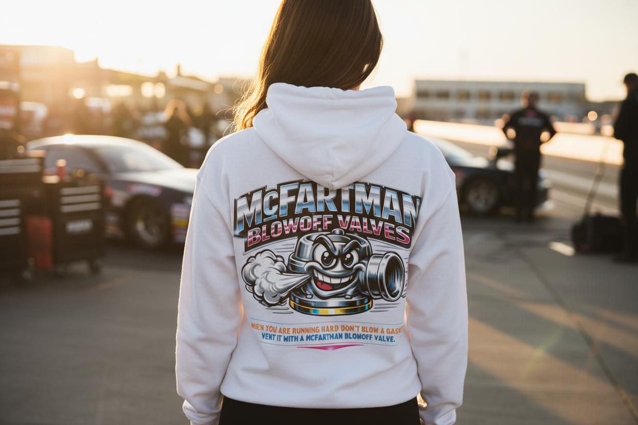 Woman wearing a hoodie with 'McFarman Blowoff Valves' branding at a car event.