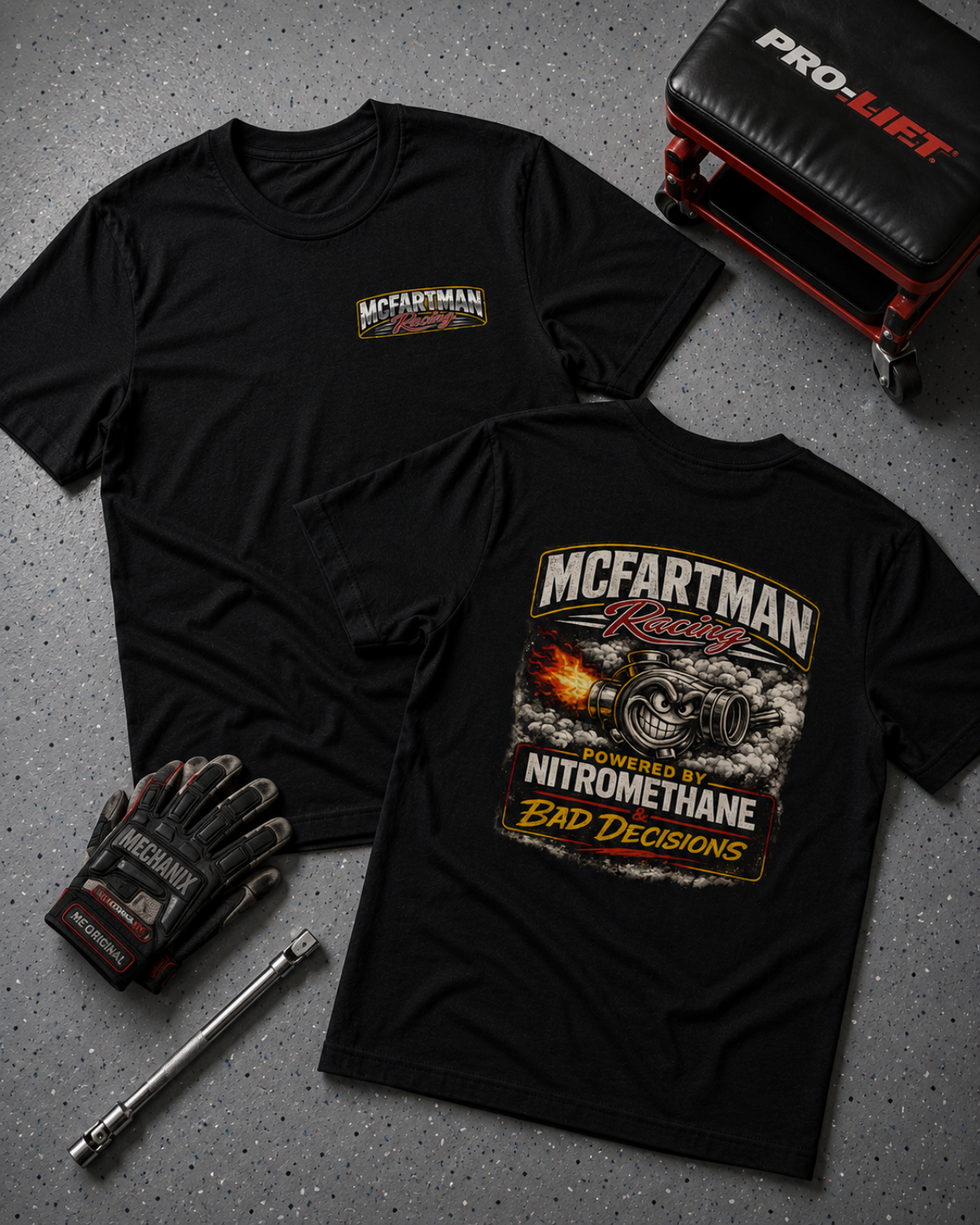 Black t-shirt with McFartman Racing graphic, gloves, tool, and Pro-Lift toolbox on a gray surface