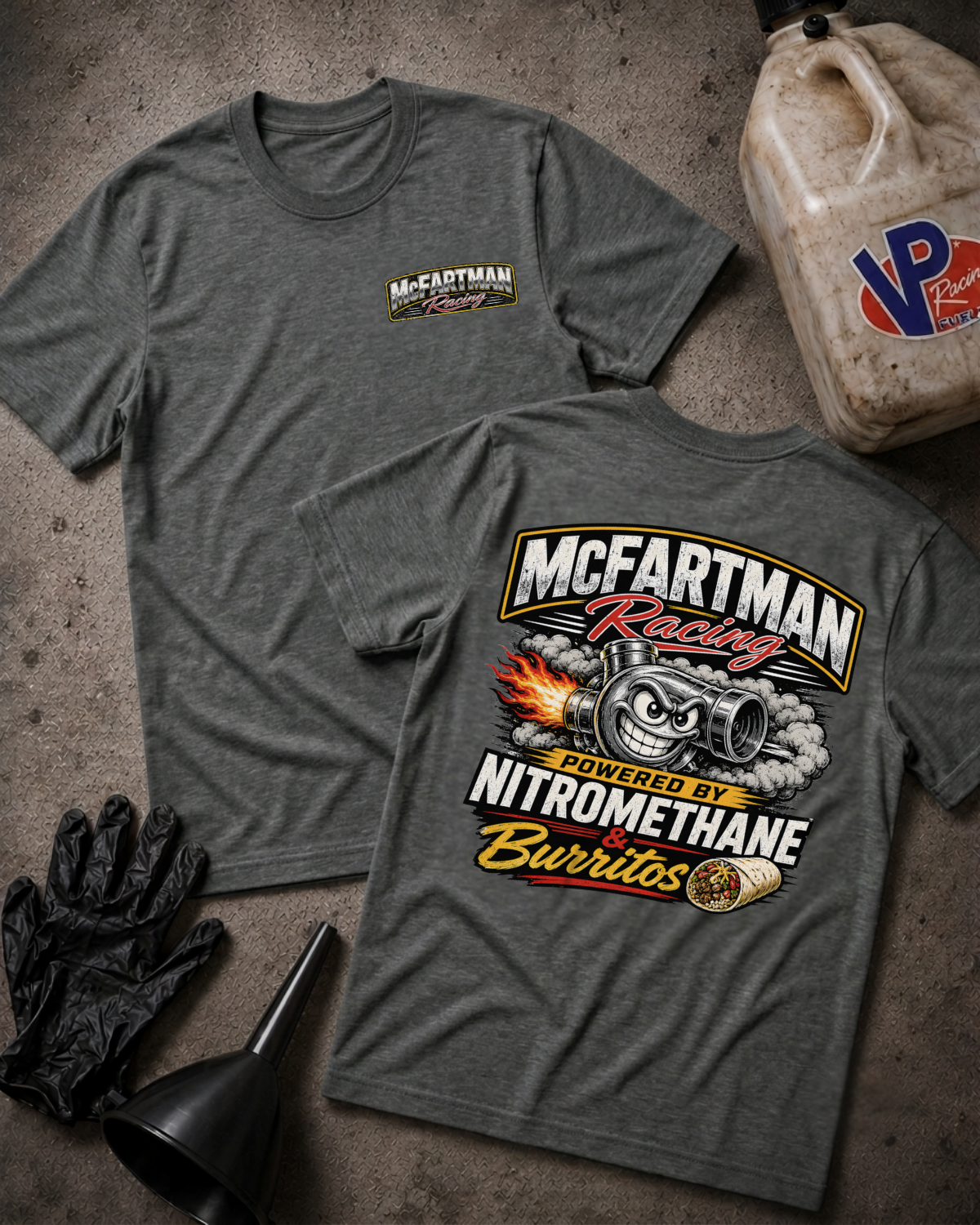 Two heather gray graphic T-shirts laid flat on a textured concrete surface, with racing-themed printed graphics and a small McFartman Racing logo on the chest. One shirt shows the front and the other the back with a large engine graphic and text reading 'McFartman Racing' and 'Powered by Nitromethane Burritos.