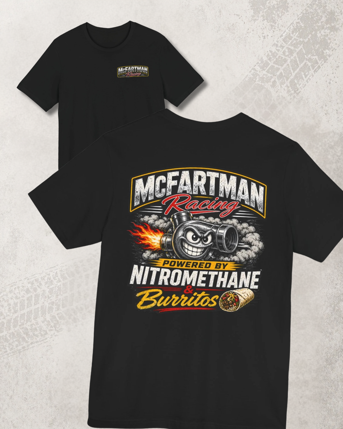 Black t-shirt with McFartman Racing graphic on a textured gray background