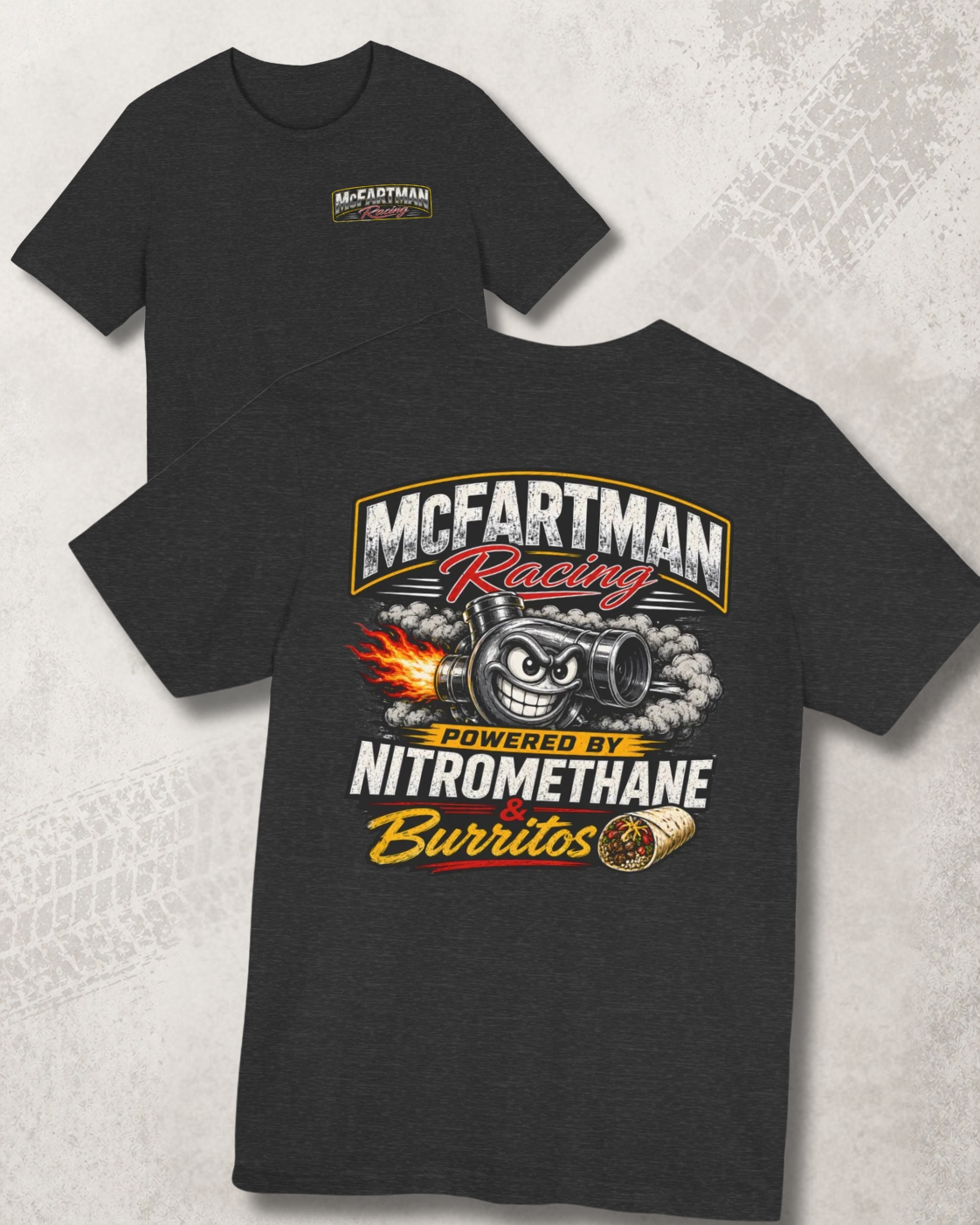 Dark grey heather t-shirt with 'McFartman Racing' graphic design on a textured gray background