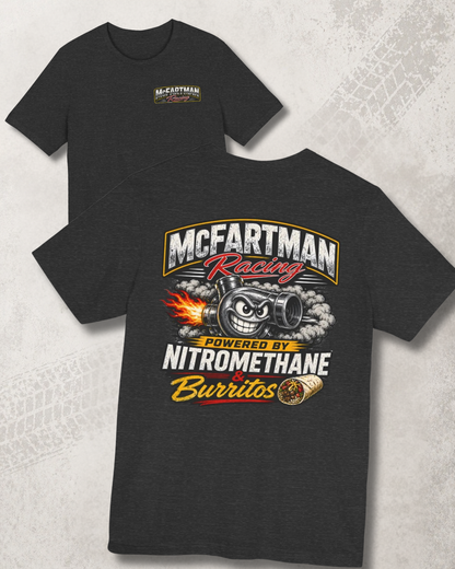 Dark grey heather t-shirt with 'McFartman Racing' graphic design on a textured gray background