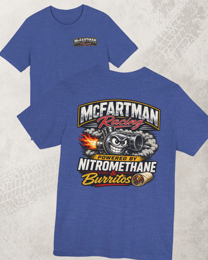 Blue t-shirt with McFartman Racing graphic on a textured white background