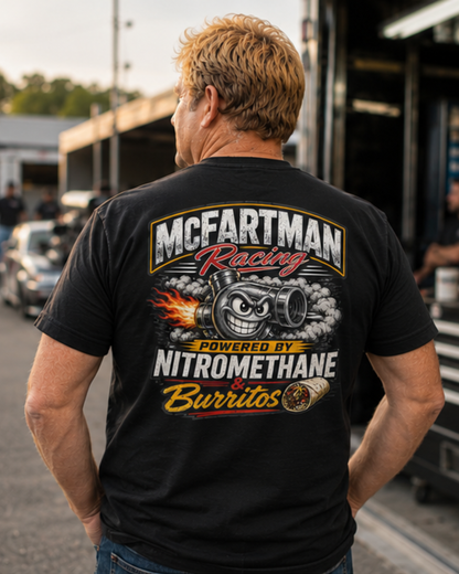 Person wearing a black t-shirt with 'McFartman Racing' graphic design.
