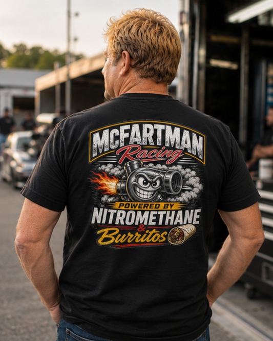 Person wearing a black t-shirt with 'McFartman Racing' graphic design.