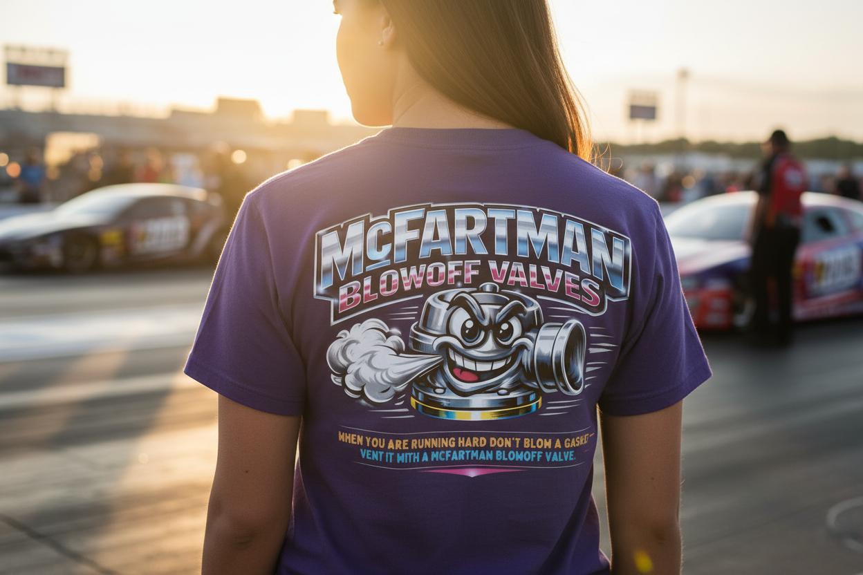 Woman wearing a purple t-shirt with 'McFartman Blowoff Valves' graphic at a race track.