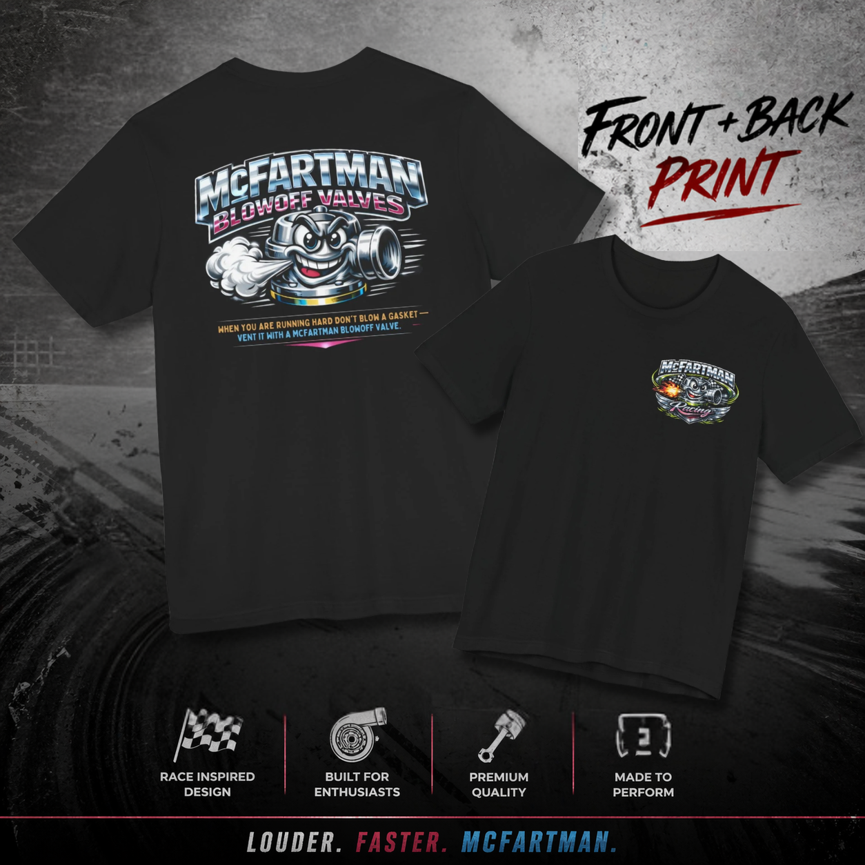 Black t-shirt with front and back print McFartman Blowoff Valves design on a dark background