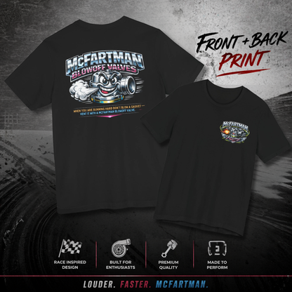 Black t-shirt with front and back print McFartman Blowoff Valves design on a dark background