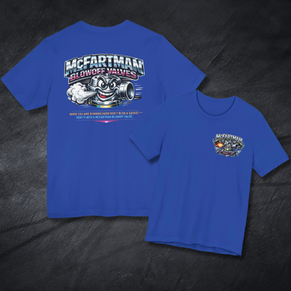 Blue t-shirt with McFartman Blowoff Valves graphic design on a dark textured background