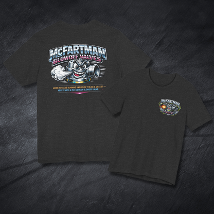 Dark grey heather t-shirt with McFartman Blowoff Valves graphic on a dark textured background