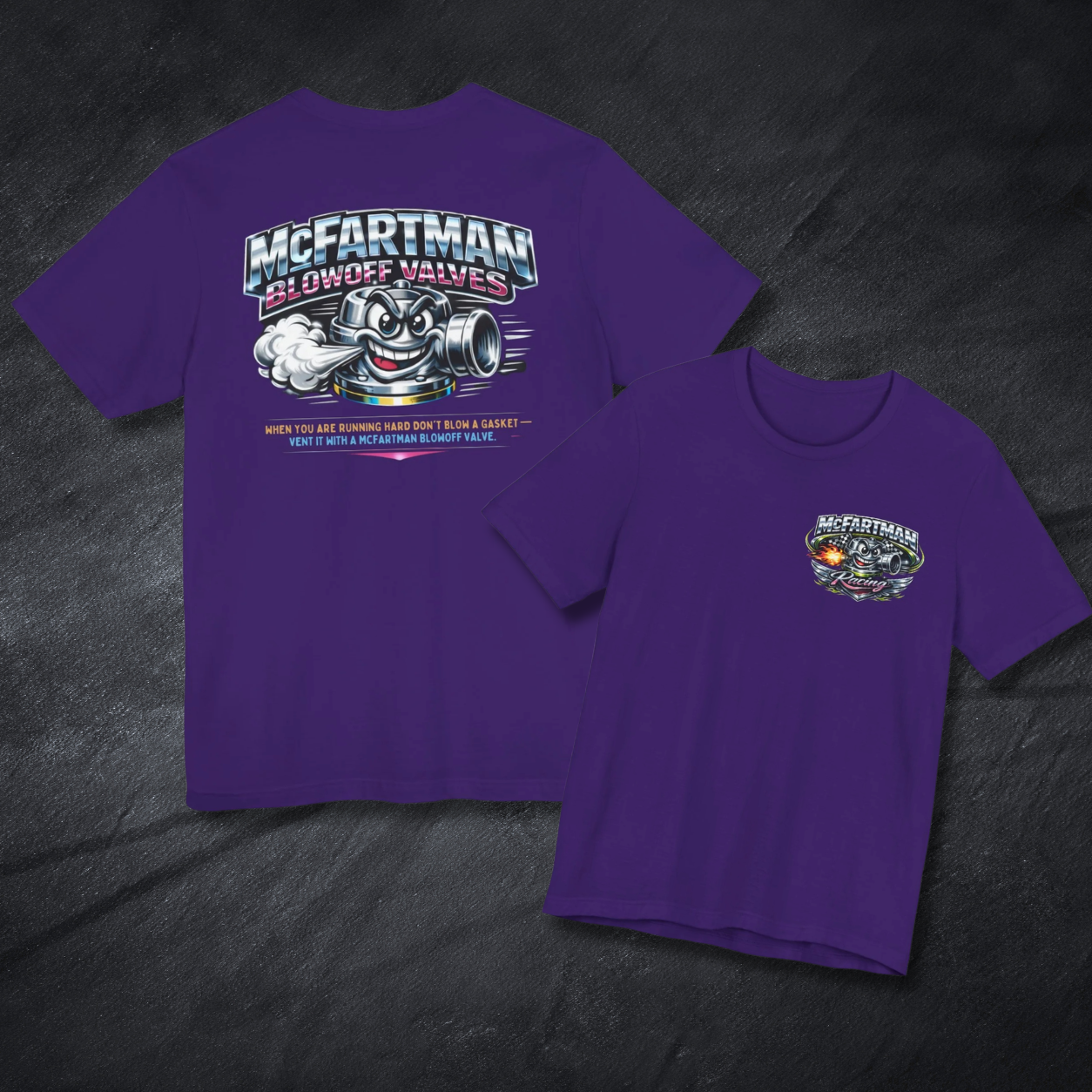 Purple t-shirt with McFartman Blowoff Valves graphic design on front and back on a dark textured surface