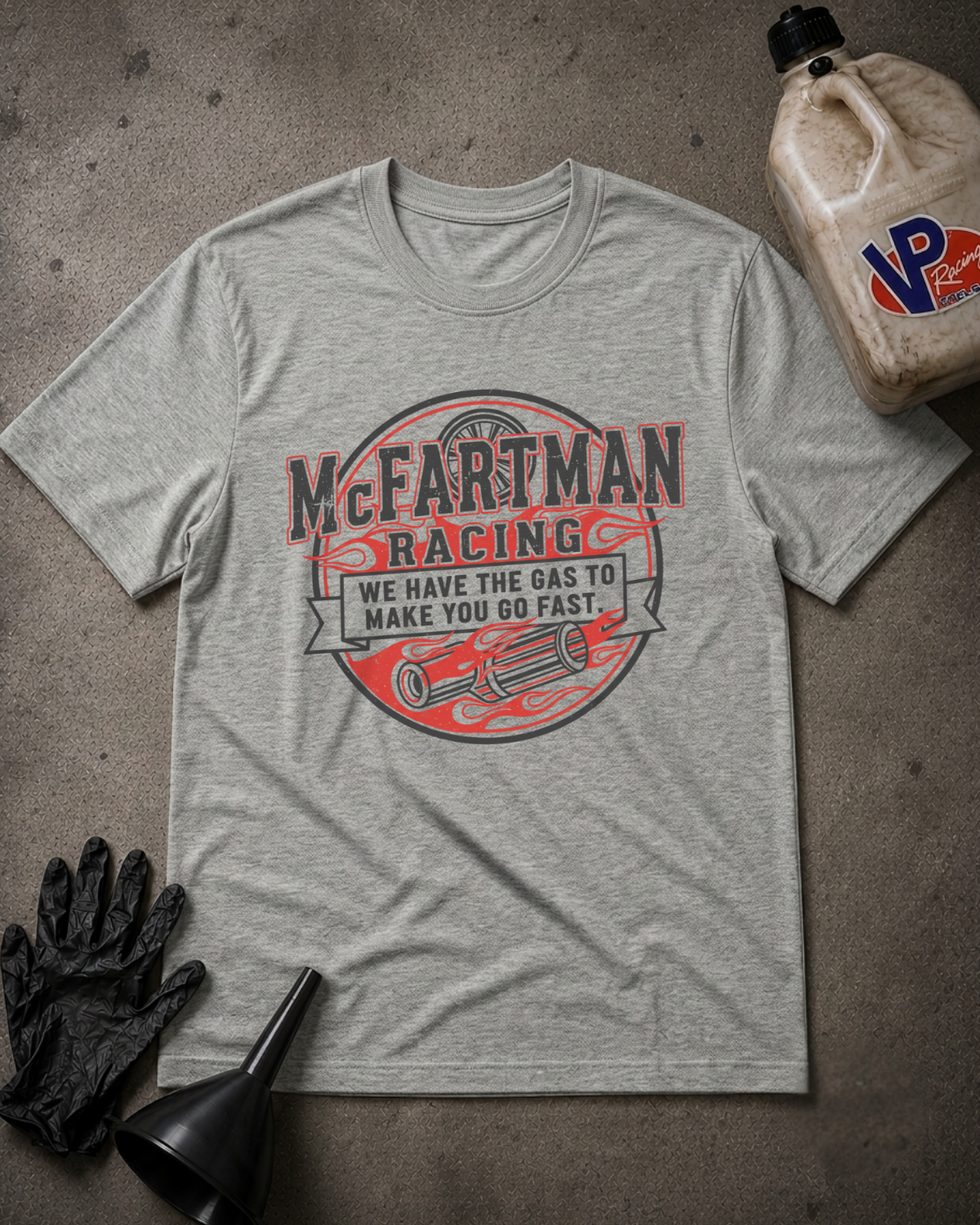 Athletic heather t-shirt with 'McFarman Racing We Have the Gas To Make You Go Fast' design