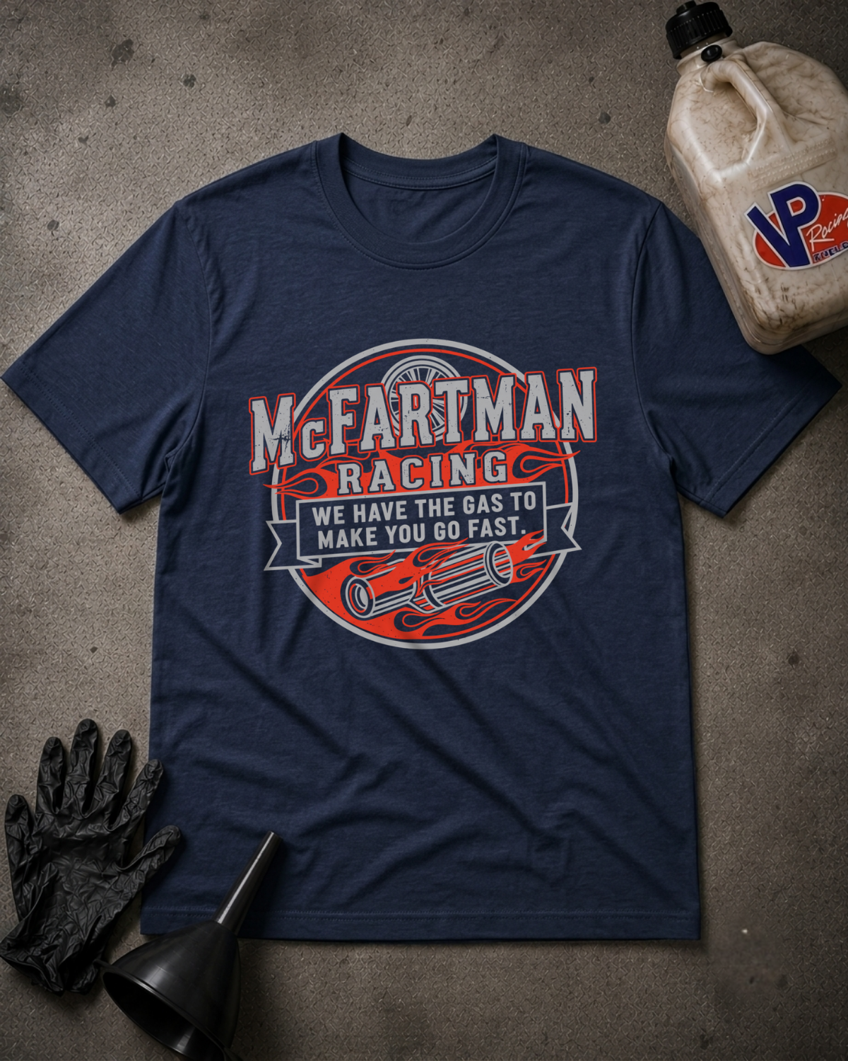 Navy t-shirt with 'McFarman Racing We Have the Gas To Make You Go Fast' design