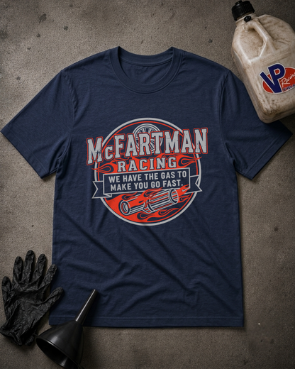 Navy t-shirt with 'McFarman Racing We Have the Gas To Make You Go Fast' design